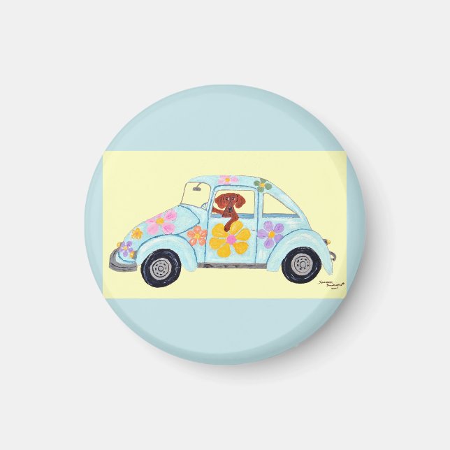 Dachshund i hippiebil  magnet (Framsidan)