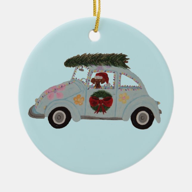 Dachshund i Hippiebil på Jul Julgransprydnad Keramik (Framsidan)
