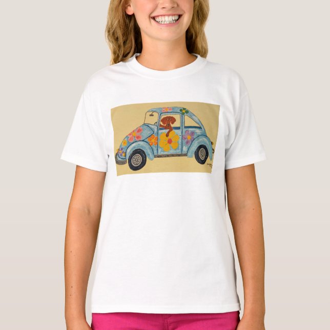Dachshund i Hippiebil T-Shirt (Framsida)