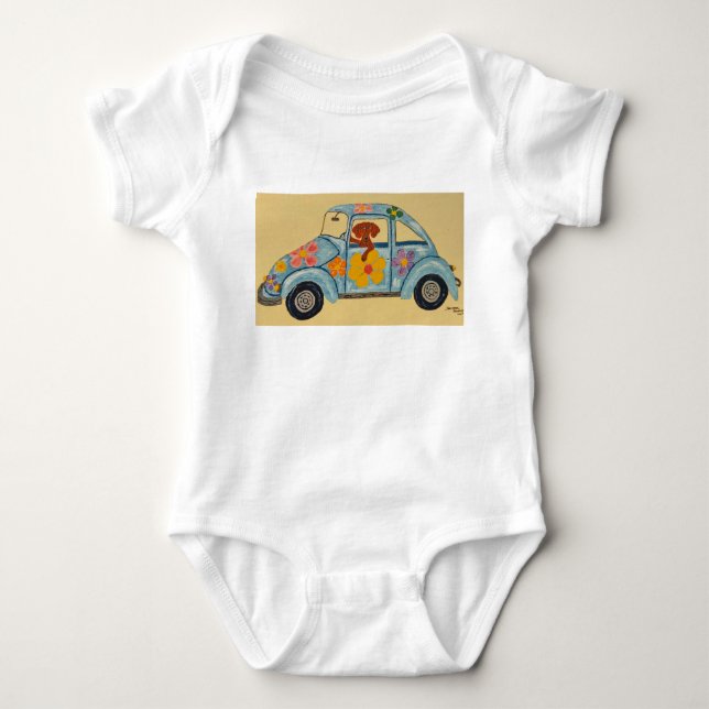 Dachshund i hippiebil t shirt (Framsida)