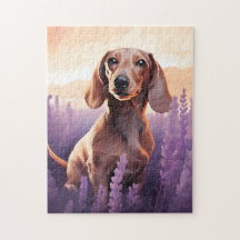 Dachshund i Lavender fält
