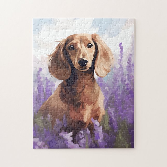 Dachshund i Lavender fält Pussel (Vertikal)