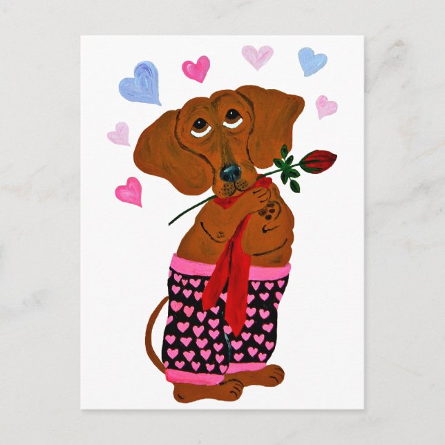 Dachshund i rosa hjärta shorts vykort (Framsida)