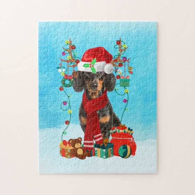 Dachshund i snö med julklappar pussel (Vertikal)