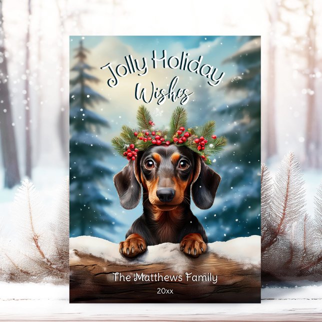 Dachshund i Snowy Enchanted Forest Pet Porträtt Julkort (Adorable Winter Snowy Scene With Peeking Dogs or Farm/Woodland Animals - Over 50 to Choose From!)