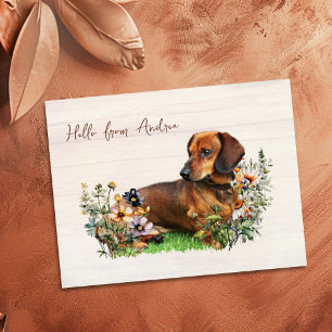 Dachshund i vilda blommor Hej från vykort