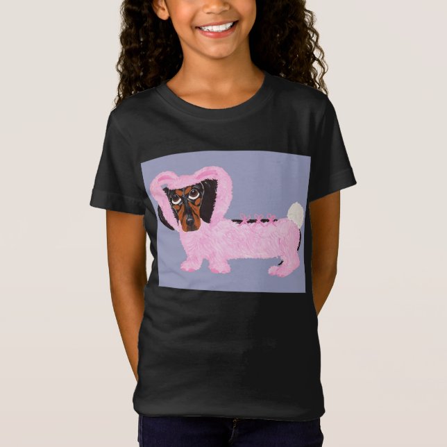 Dachshund In Fuzzy Pink Bunny Suit T Shirt (Framsida)