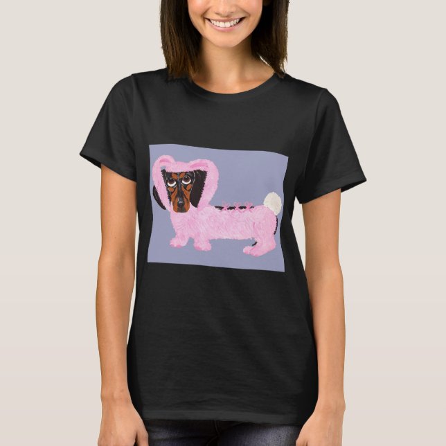 Dachshund In Fuzzy Pink Bunny Suit T Shirt (Framsida)
