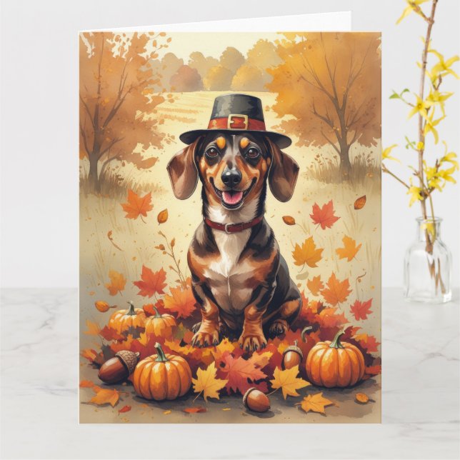 Dachshund in Höst löv Thanksgiving Art Kort (Gul blomma)