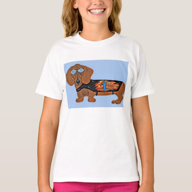 Dachshund in Racing Jacket T-Shirt (Framsida)