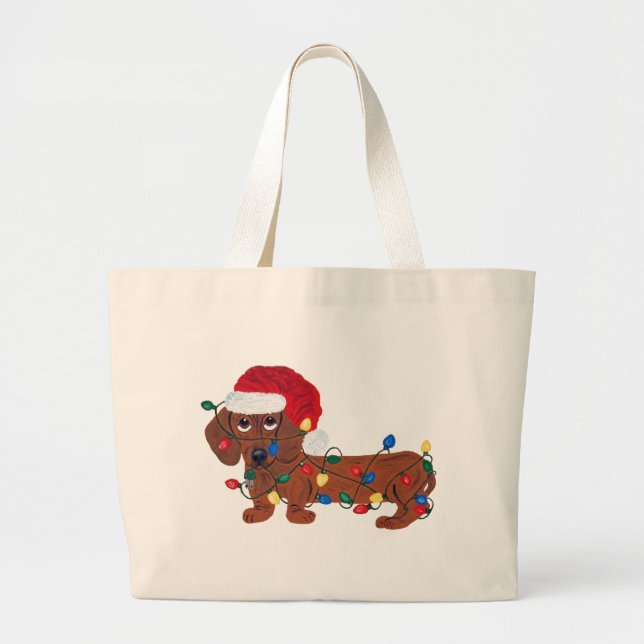 Dachshund intrasslad i julgransbelysning  jumbo tygkasse (Framsidan)