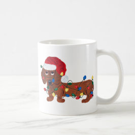Dachshund intrasslad i julgransbelysning  kaffemugg
