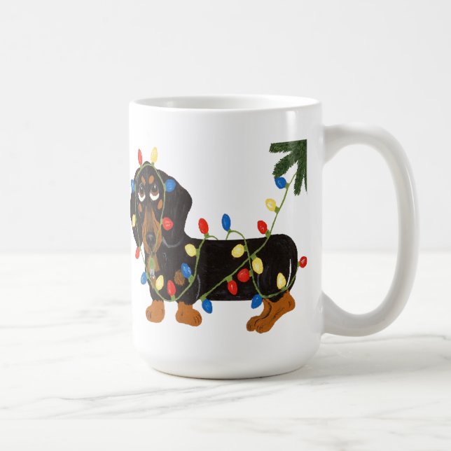 Dachshund intrasslad i julgransbelysning Mugg (Höger)