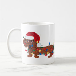 Dachshund intrasslad i julgransbelysning (röd) kaffemugg