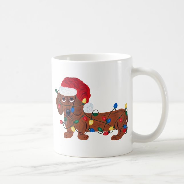 Dachshund intrasslad i julgransbelysning (röd) kaffemugg (Höger)