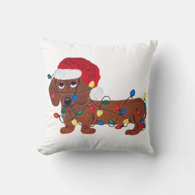 Dachshund intrasslad i julgransbelysning (röd) kudde (Framsida)