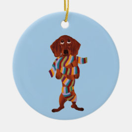 Dachshund intrasslad i schal julgransprydnad keramik