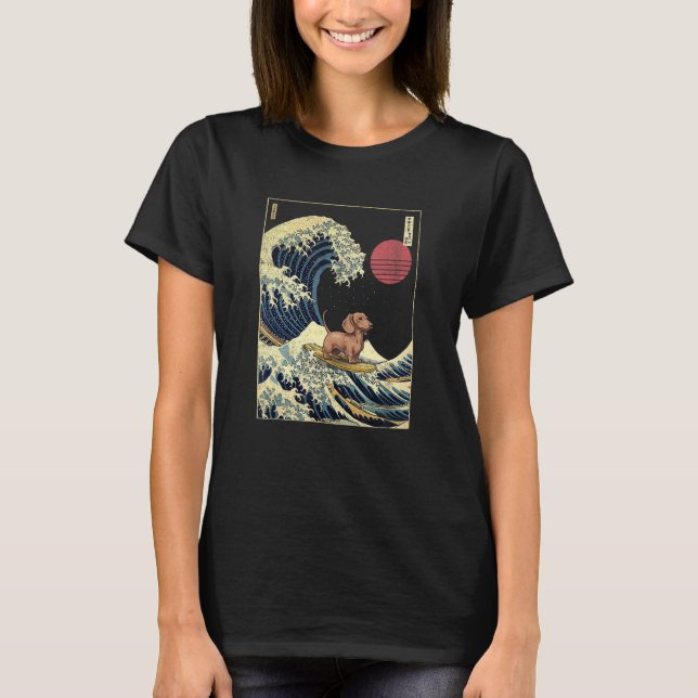 Dachshund Japanese Kanagawa Wave  Surf Dog T Shirt (Framsida)
