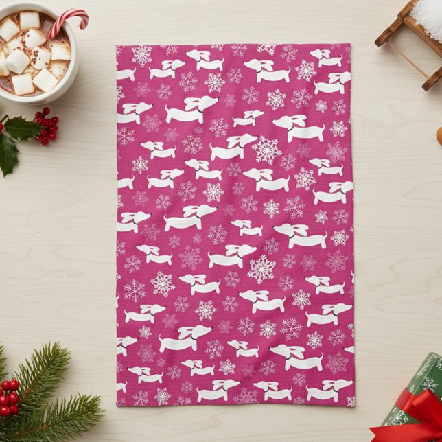 Dachshund jul Chef Gift Fuchsia Kökshandduk (Dachshund Christmas dish towel - pink)