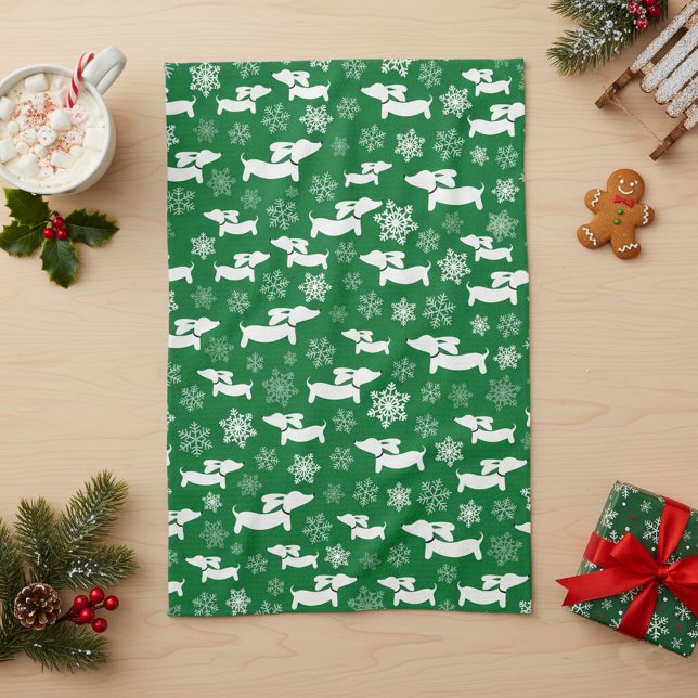 Dachshund jul Chef Gift Grönt Kökshandduk (Dachshund Christmas dish towel - green)