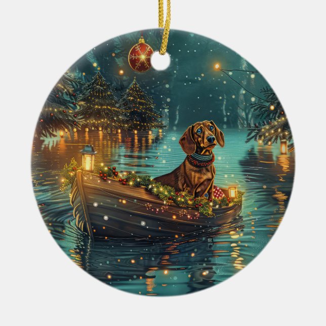 Dachshund Jul Festlig resa Julgransprydnad Keramik (Framsidan)
