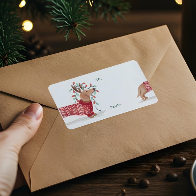 Dachshund Jul Hund Mysigt sötare med Ljus Adressetikett (Dachshund Christmas Dog Cozy Sweater With Lights Label)