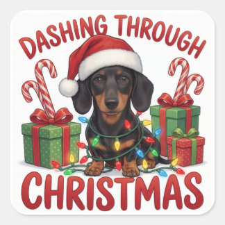 Dachshund jul ljus festiv glädje fyrkantigt klistermärke