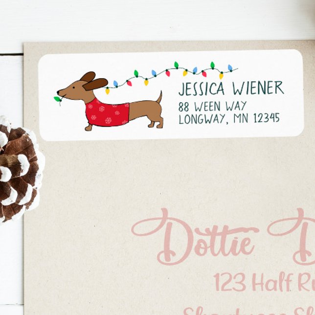 Dachshund jul Ljus Festive Adressetiketters Returadress Etikett (Naughty Dachshund Christmas card return address labels - running with Christmas tree lights!)