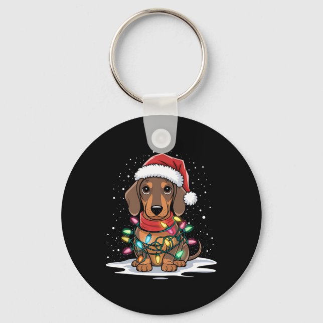 Dachshund jul Ljus Santa Hat Hund älskare Hol Nyckelring (Framsida)