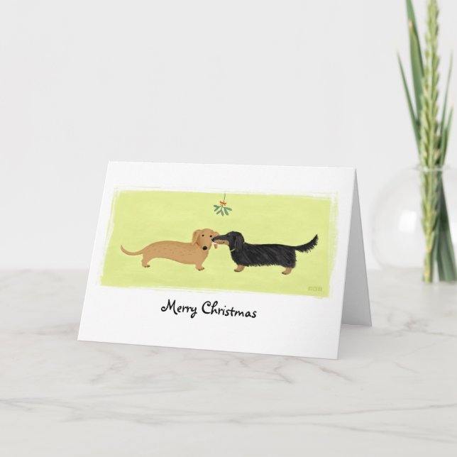 Dachshund jul Mistletoe Kiss Kärlek Hundar Julafto Helgkort (Framsida)