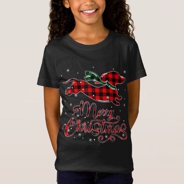 Dachshund jul Red Play Buffalo Pajamas Julafton T Shirt (Framsida)