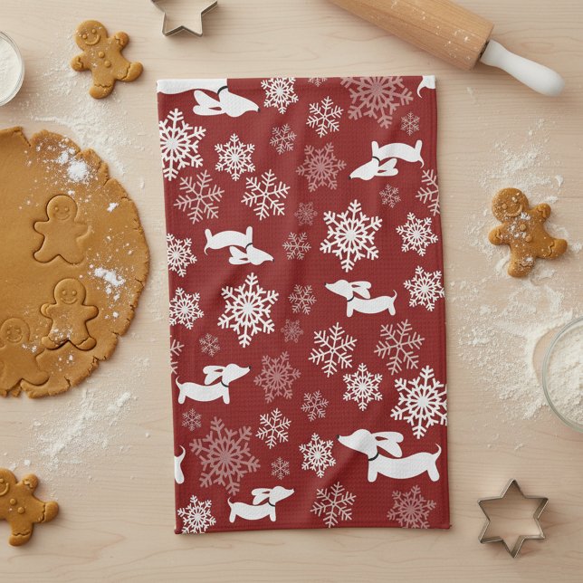 Dachshund jul Snowflake Red Dish Towel Kökshandduk (Wiener Dog Dachshund Christmas Winter Dish Towel )