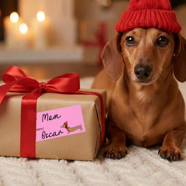 Dachshund Jul Sticky Gift Märkres Labels Fraktsedel (Pink dachshund gift tags - Christmas)