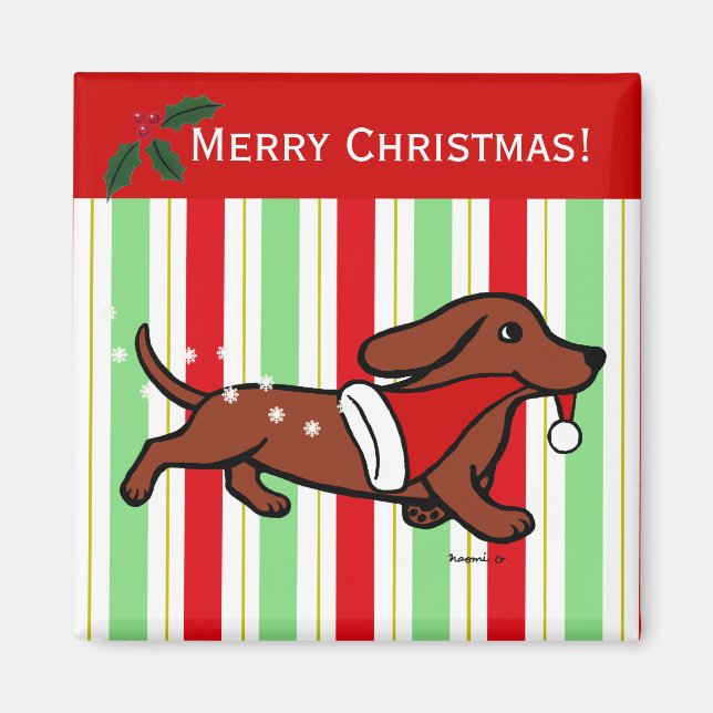 Dachshund jul Tecknad Snöflingor Magnet (Framsidan)