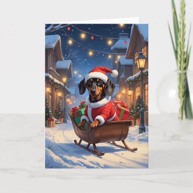 Dachshund Jul Tomte Sled Julkonst Kort (Framsida)