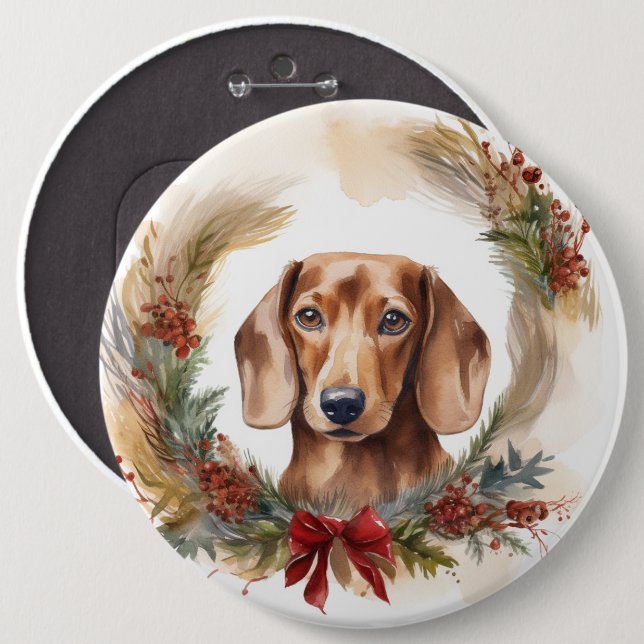 Dachshund Jul Utandning Festive Valp Knapp (Framsida & baksida)