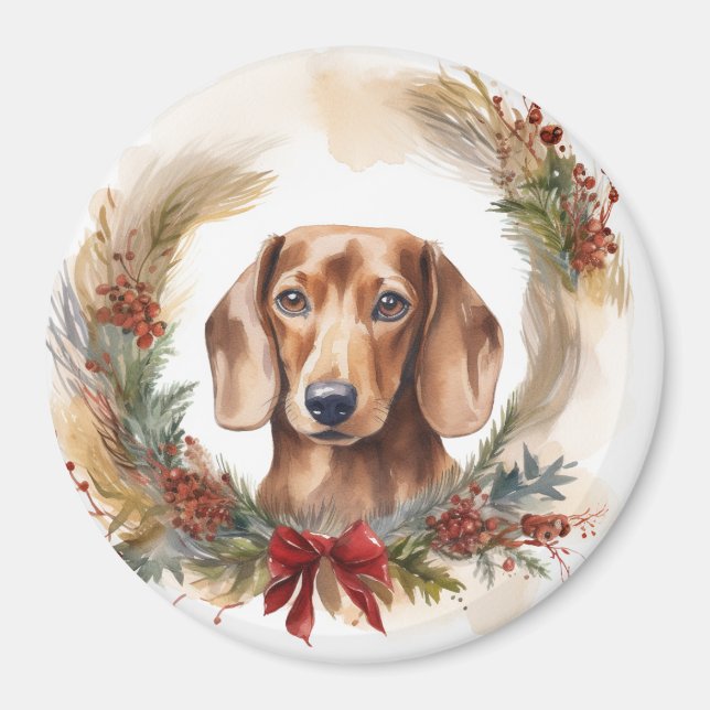 Dachshund Jul Utandning Festive Valp Magnet (Framsidan)