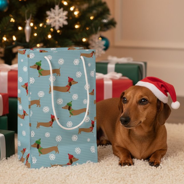Dachshund Jul Wrapping Papper Cute Snöflingor (Blue dachshund Christmas gift bag - variety of sizes)