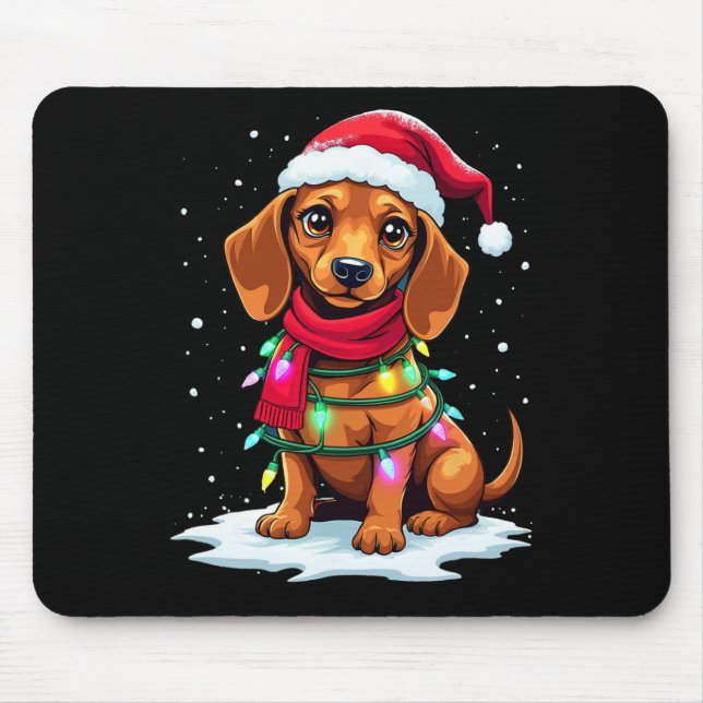 Dachshund Julgran Cute Santa Hat Ljus Xma Musmatta (Framsidan)