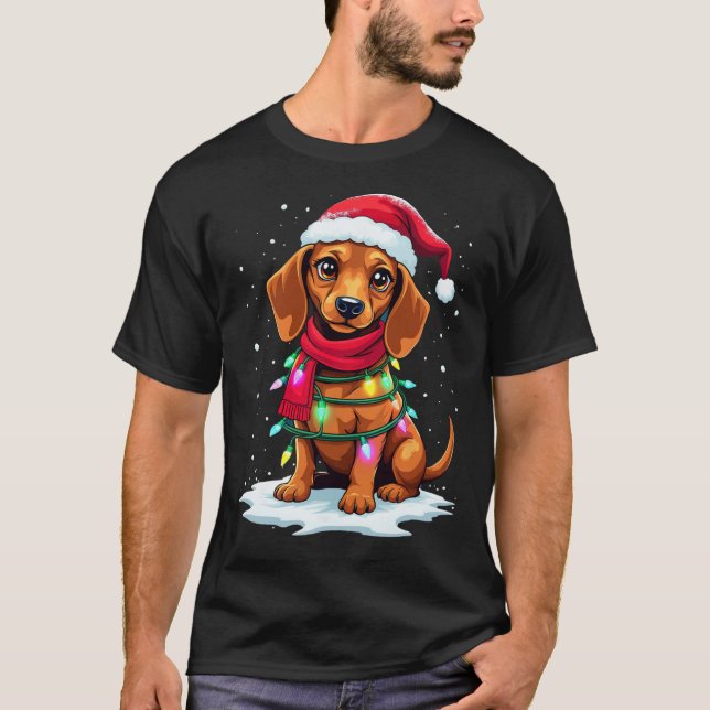Dachshund Julgran Cute Santa Hat Ljus Xma T Shirt (Framsida)