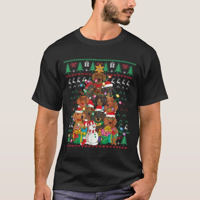 Dachshund Julgran Santa Hat Ugly Sweater Do T Shirt (Framsida)