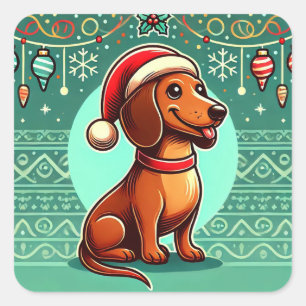 🎄 Dachshund Julhatt Festiv Semester Hund Konst 🎄 Fyrkantigt Klistermärke
