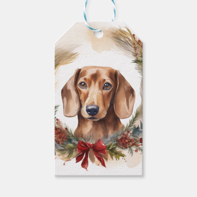 Dachshund Julkrans Festlig Valp Presentetikett (Framsidan)