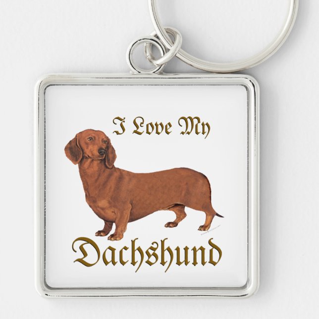 Dachshund Kärlek Fyrkantig Silverfärgad Nyckelring (Framsidan)