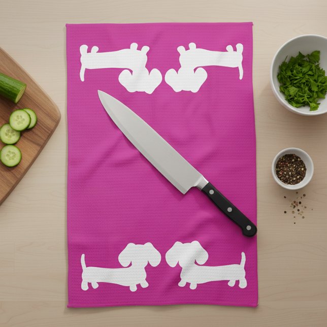 Dachshund Kitchen Dish Towel Shock rosa Host Gift Kökshandduk (Wiener Dog dish towel for useful dachshund presents)