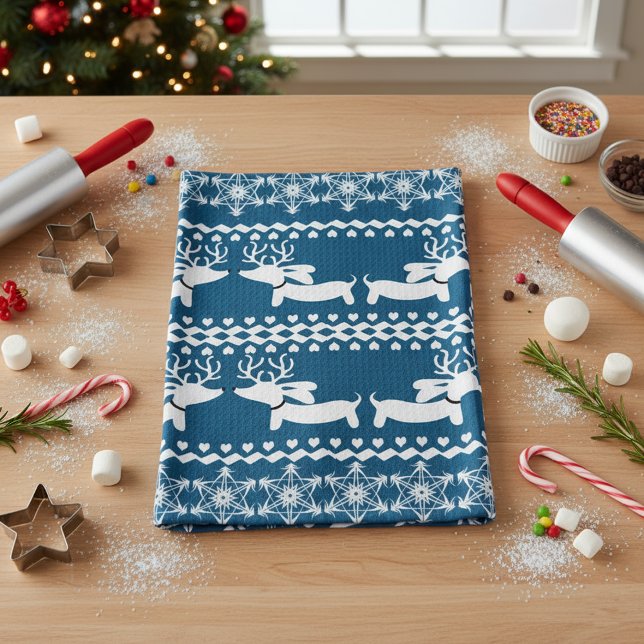 Dachshund Kitchen- eller Decor Kitchen Kökshandduk (Blue reindeer dachshund kitchen dish towel for Christmas gifting)