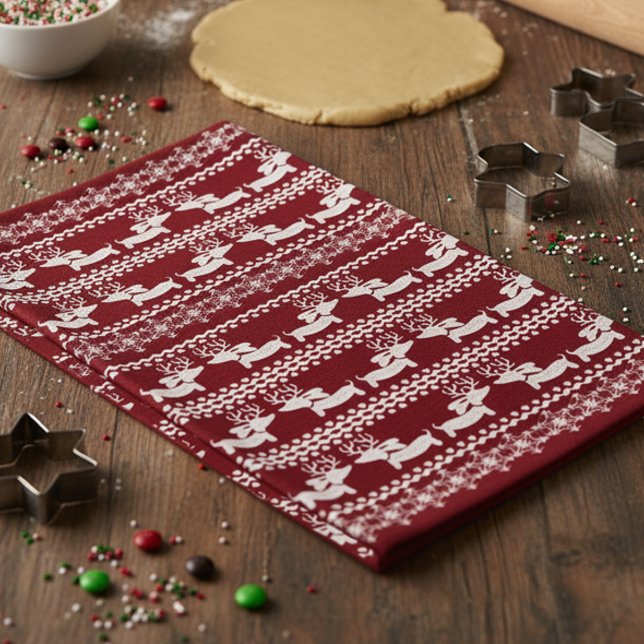 Dachshund Kitchen- julgåva eller dekorfärg  Kökshandduk (Red dachshund reindeer Christmas dish towel)