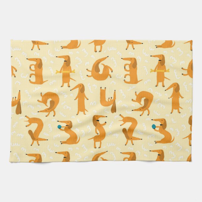 Dachshund Kitchen Towel Whimsical Doxie Print Kökshandduk (Horisontell)