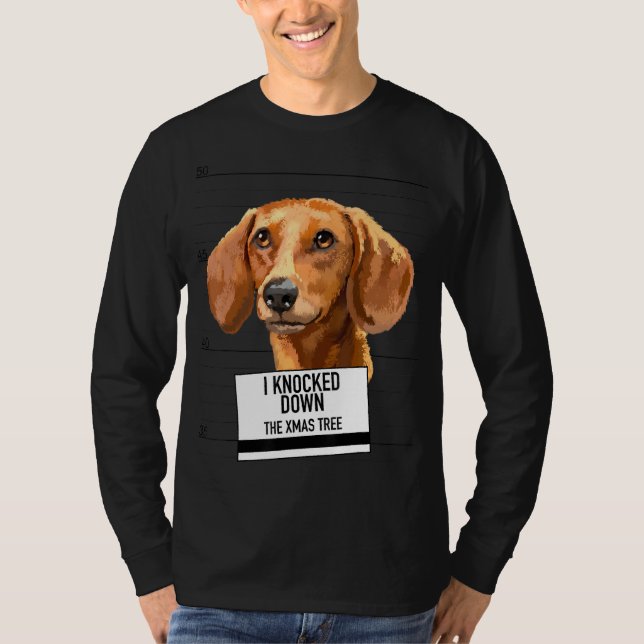 Dachshund Knocked Julafton Träd T Shirt (Framsida)