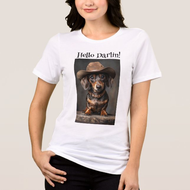 Dachshund Kort Hearing in Western Hat T Shirt (Framsida)